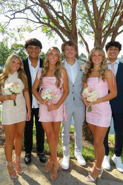Cute Pink Ruffle Homecoming Dresses Satin Mini Hoco Dress Back To School,AST2066