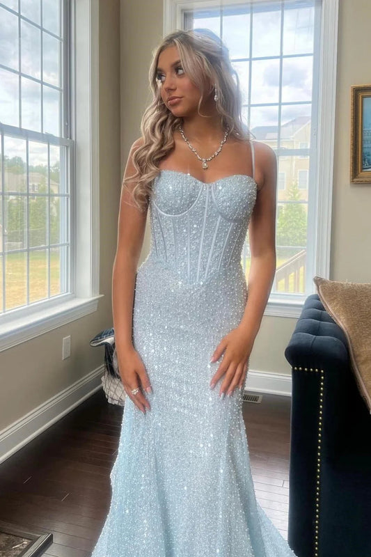 Cute Sweetheart Light Blue Sequins Mermaid Long Prom Dress