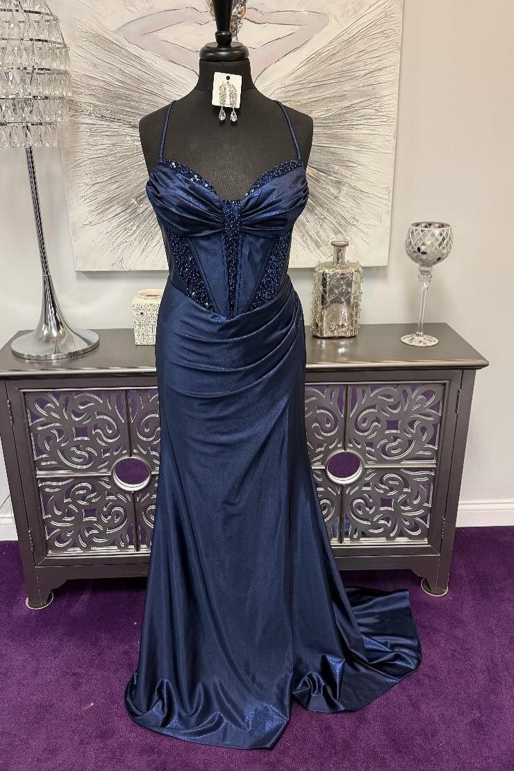 Spaghetti Strap Beaded Mermaid Dress with High Slit