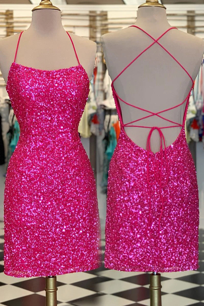 Neon Pink Sequin Bodycon Mini Homecoming Dresses, AST1155