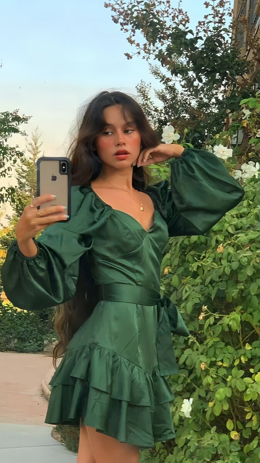 Dark Green Homecoming Dresses Long Sleeves Mini Prom Dress,AST2012