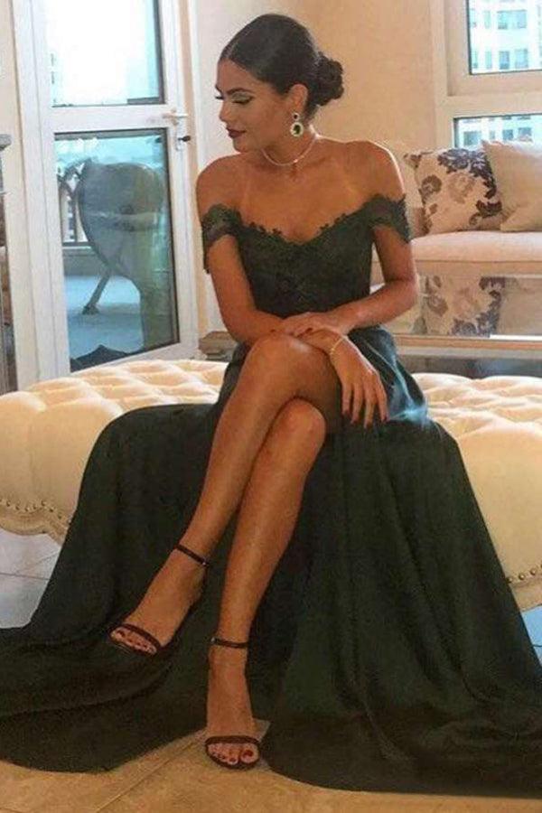 Dark Green Prom Dresses Off-the-shoulder Split Evening Dresses,AST1284