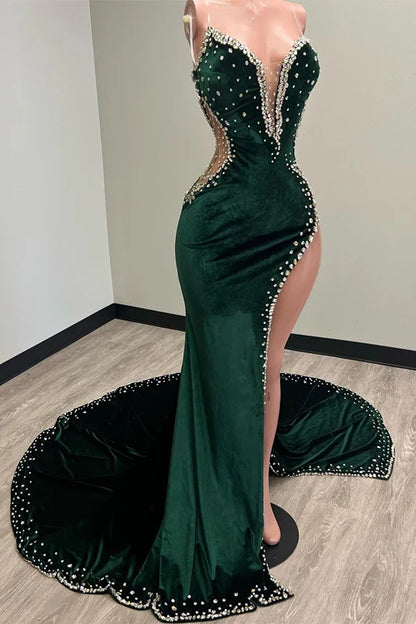 Dark Green Velvet Sexy Black Girls Prom Dresses Long Birthday Dress, AST884 - Asteria