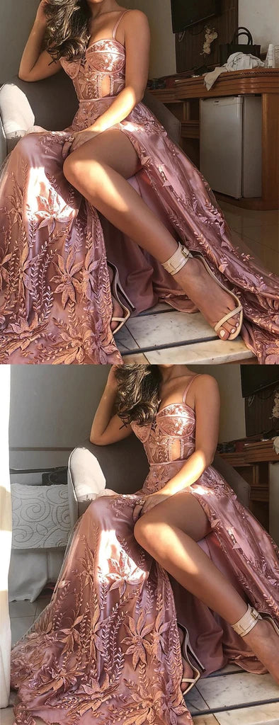 Dusty Rose Unique Lace Spaghetti Strap Side-slit Prom Dresses