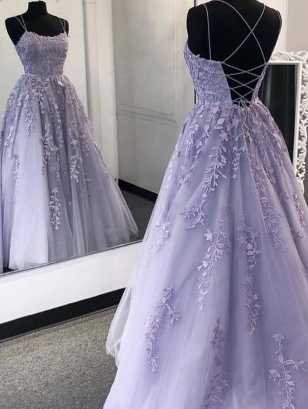 Purple tulle lace long formals