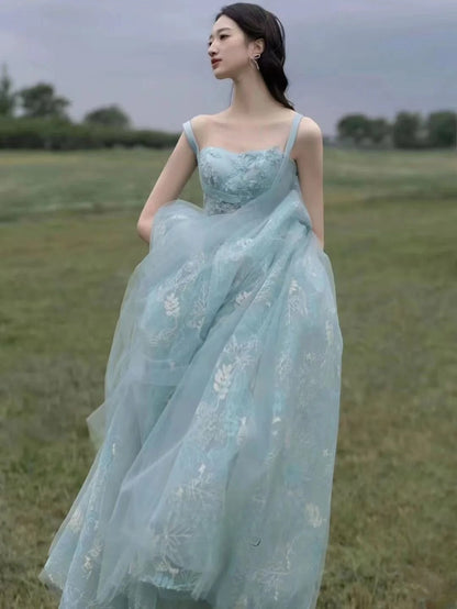 Chic Spaghetti Straps A-line Embroidery Satin Tulle Long Prom Dresses,Sweet 16 Dress With Appliqué