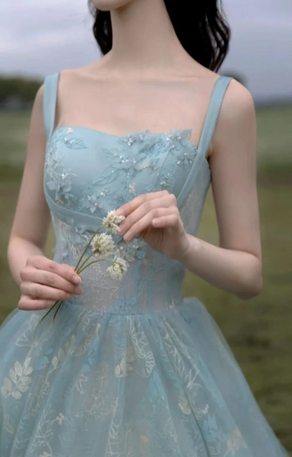 Chic Spaghetti Straps A-line Embroidery Satin Tulle Long Prom Dresses,Sweet 16 Dress With Appliqué