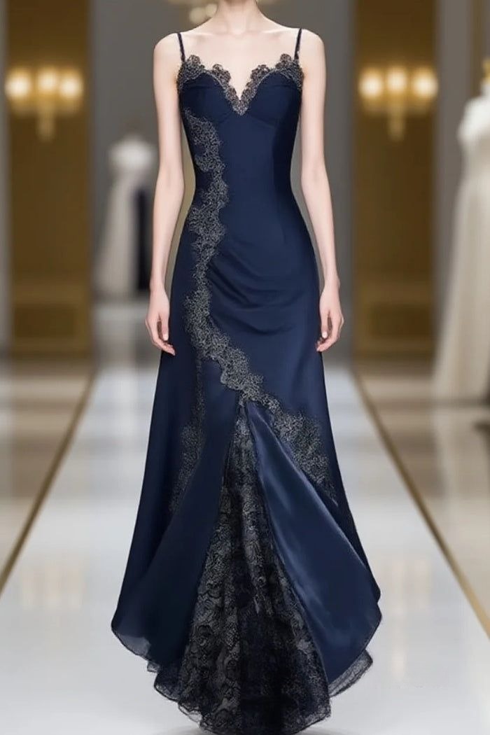 Elegant Navy Blue Spaghetti Straps Mermaid Satin Appliques Prom Dresses Party Dresses