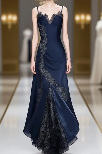 Elegant Navy Blue Spaghetti Straps Mermaid Satin Appliques Prom Dresses Party Dresses
