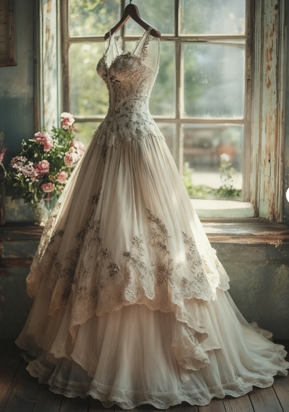 Vintage A-line Sweetheart Neck Tulle Lace Long Prom Dress Applique Sweet Flower Wedding Dress