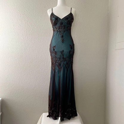 Blue Satin Brown Chiffon Spaghetti Straps Beaded Backless Long Prom Dress