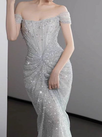 Mermaid Gown Off The Shoulder Tulle Sequins Long Prom Dress for Formal Events &Quinceanera 