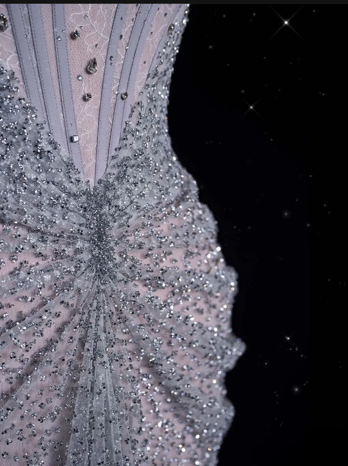 Mermaid Gown Off The Shoulder Tulle Sequins Long Prom Dress for Formal Events &Quinceanera 