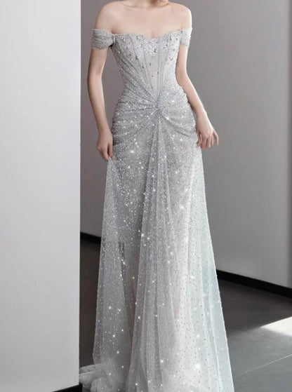 Mermaid Gown Off The Shoulder Tulle Sequins Long Prom Dress for Formal Events &Quinceanera 