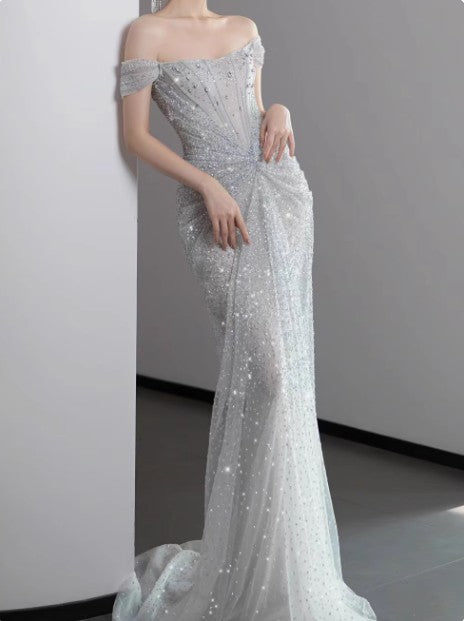 Mermaid Gown Off The Shoulder Tulle Sequins Long Prom Dress for Formal Events &Quinceanera 