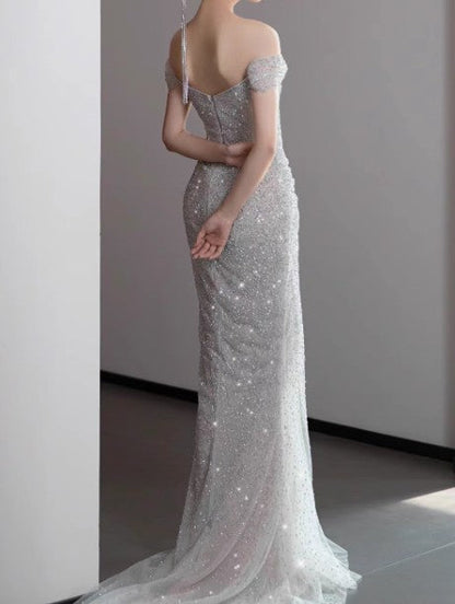 Mermaid Gown Off The Shoulder Tulle Sequins Long Prom Dress for Formal Events &Quinceanera 