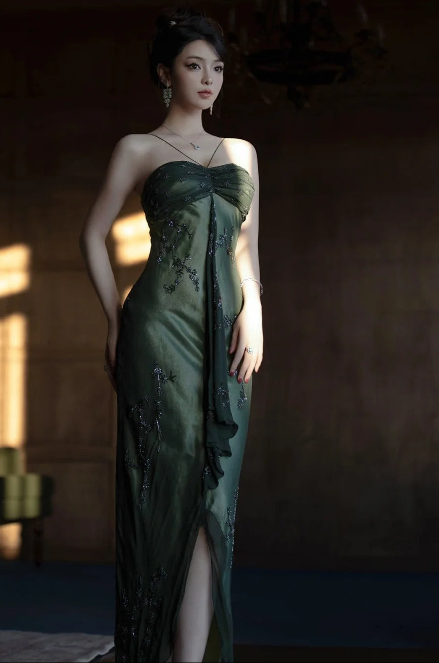 Vintage Forest Green Spaghetti Straps Long Prom Dresses Glitter Chiffon Beaded Elegant Party Dresses