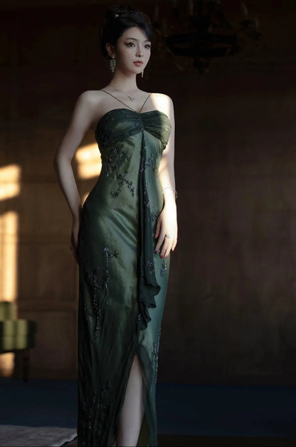 Vintage Forest Green Spaghetti Straps Long Prom Dresses Glitter Chiffon Beaded Elegant Party Dresses