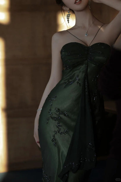 Vintage Forest Green Spaghetti Straps Long Prom Dresses Glitter Chiffon Beaded Elegant Party Dresses