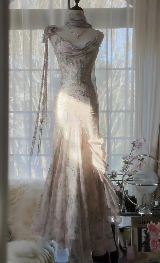 Gentle Pink Mermaid Spaghetti Strap Chiffon Beaded Applique Long Prom Dress 