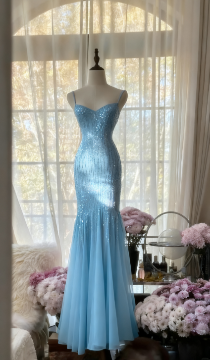 Sparkly  Spaghetti StrapsPurple Mermaid  Wedding Guest Dresses Beaded  Tulle Chiffon  Long Prom Dresses
