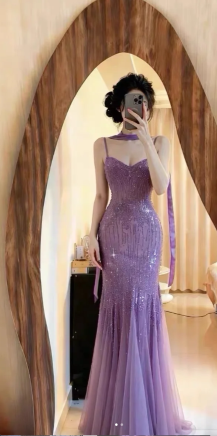 Sparkly  Spaghetti StrapsPurple Mermaid  Wedding Guest Dresses Beaded  Tulle Chiffon  Long Prom Dresses