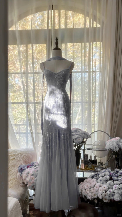 Sparkly  Spaghetti StrapsPurple Mermaid  Wedding Guest Dresses Beaded  Tulle Chiffon  Long Prom Dresses