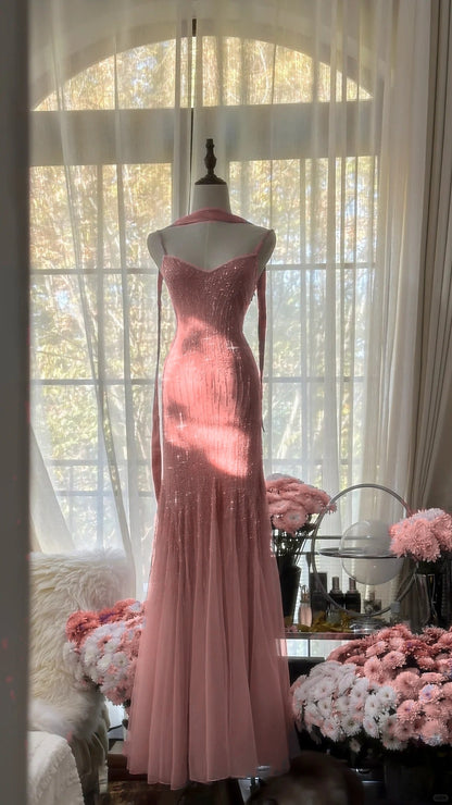 Sparkly  Spaghetti StrapsPurple Mermaid  Wedding Guest Dresses Beaded  Tulle Chiffon  Long Prom Dresses