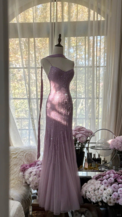 Sparkly  Spaghetti StrapsPurple Mermaid  Wedding Guest Dresses Beaded  Tulle Chiffon  Long Prom Dresses