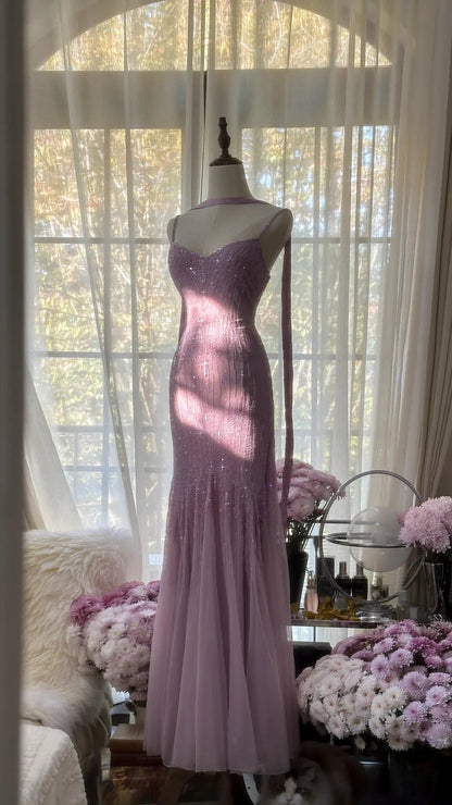 Sparkly  Spaghetti StrapsPurple Mermaid  Wedding Guest Dresses Beaded  Tulle Chiffon  Long Prom Dresses