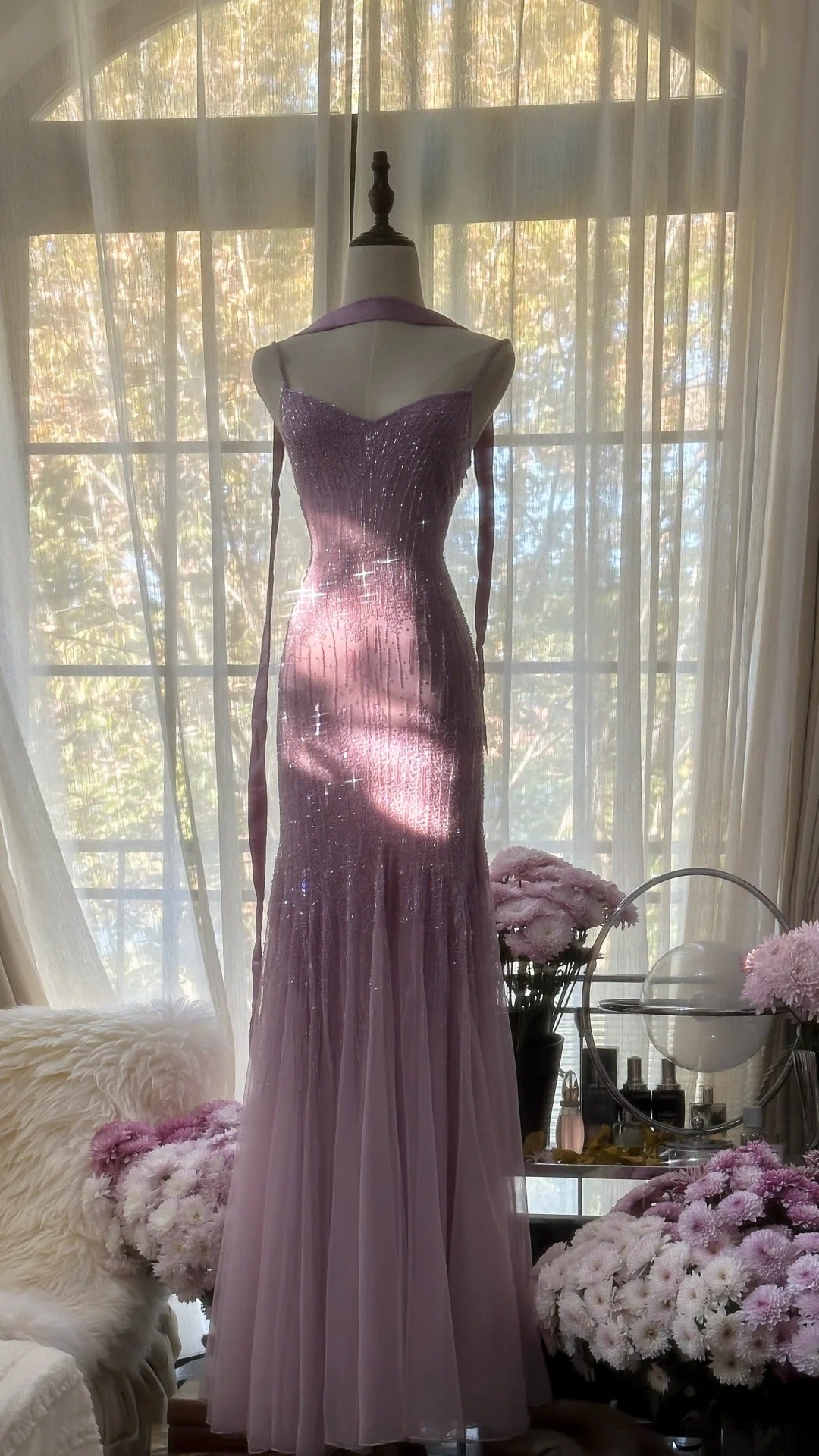 Sparkly  Spaghetti StrapsPurple Mermaid  Wedding Guest Dresses Beaded  Tulle Chiffon  Long Prom Dresses