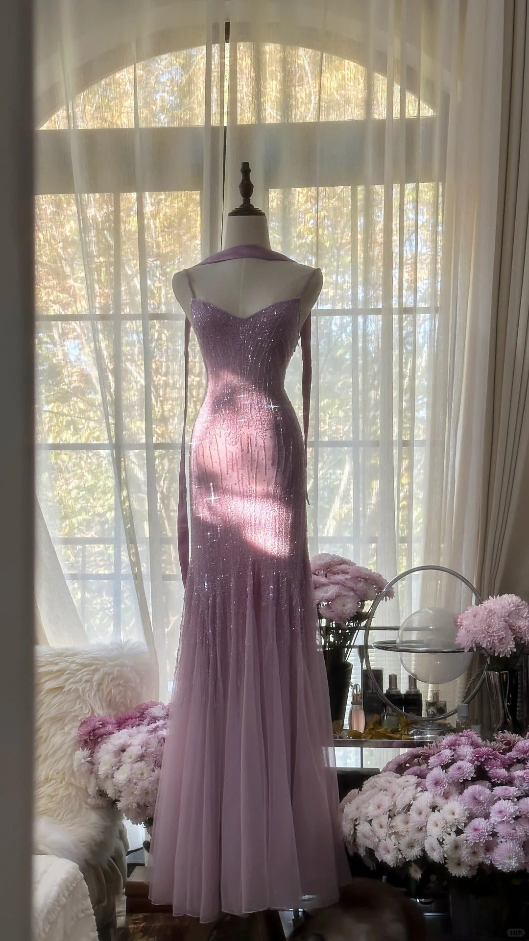 Sparkly  Spaghetti StrapsPurple Mermaid  Wedding Guest Dresses Beaded  Tulle Chiffon  Long Prom Dresses