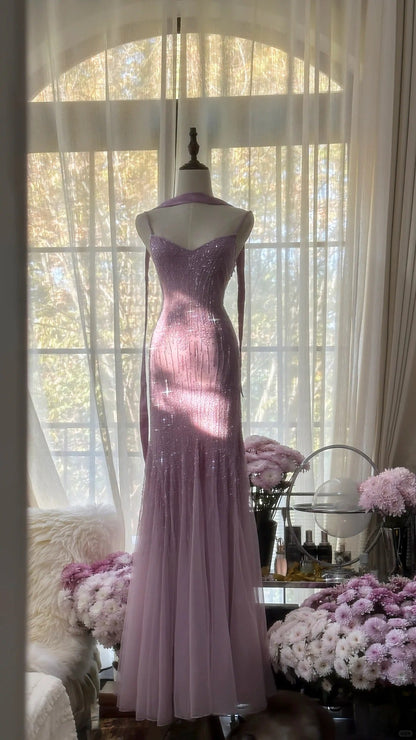 Sparkly  Spaghetti StrapsPurple Mermaid  Wedding Guest Dresses Beaded  Tulle Chiffon  Long Prom Dresses