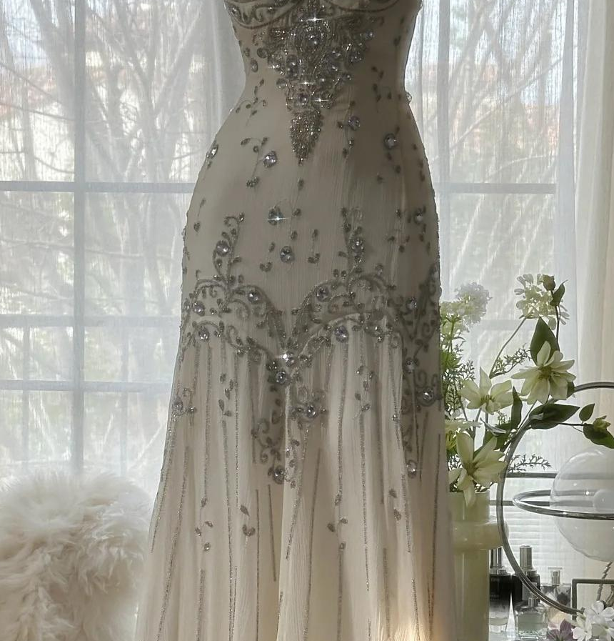 Elegant Spaghetti Straps Apricot Beaded Chiffon Mermaid Gowns Vintage Backless Prom Dress
