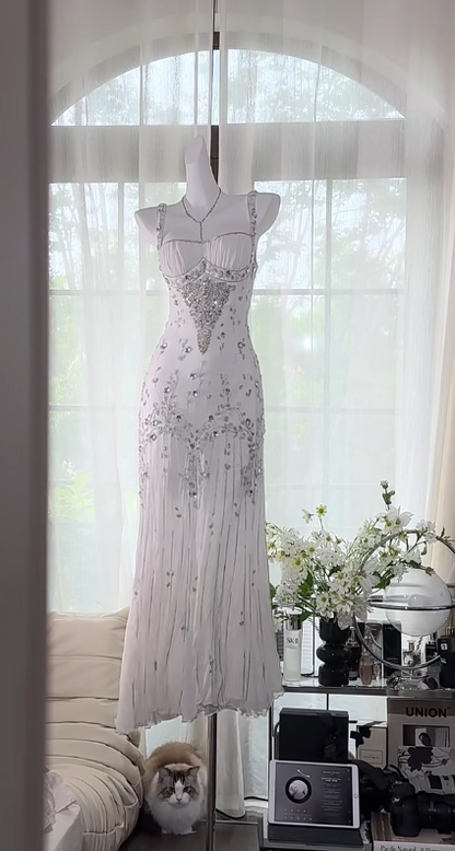 Elegant Spaghetti Straps Apricot Beaded Chiffon Mermaid Gowns Vintage Backless Prom Dress