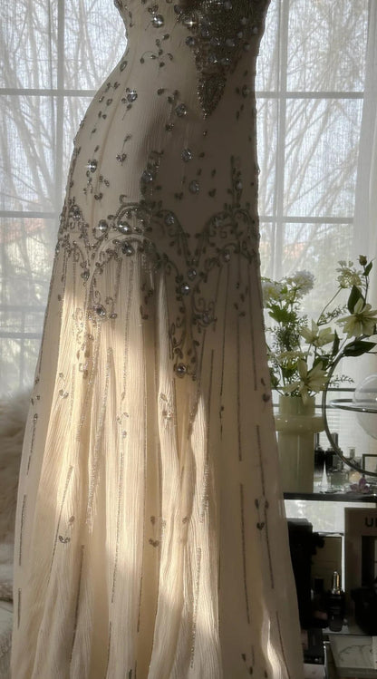 Elegant Spaghetti Straps Apricot Beaded Chiffon Mermaid Gowns Vintage Backless Prom Dress