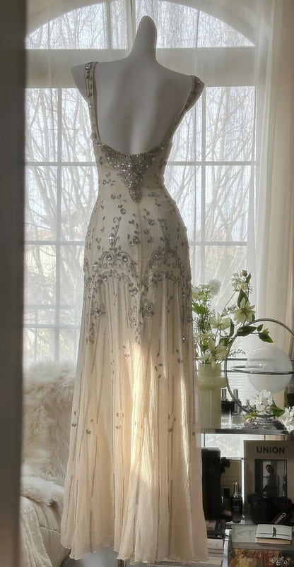 Elegant Spaghetti Straps Apricot Beaded Chiffon Mermaid Gowns Vintage Backless Prom Dress