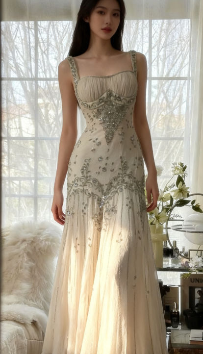 Elegant Spaghetti Straps Apricot Beaded Chiffon Mermaid Gowns Vintage Backless Prom Dress