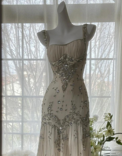 Elegant Spaghetti Straps Apricot Beaded Chiffon Mermaid Gowns Vintage Backless Prom Dress