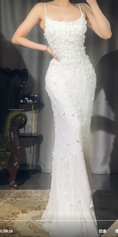 Vintage White Spaghetti Straps Mermaid Chiffon Beaded Long Prom Dresses Formal Evening Gowns