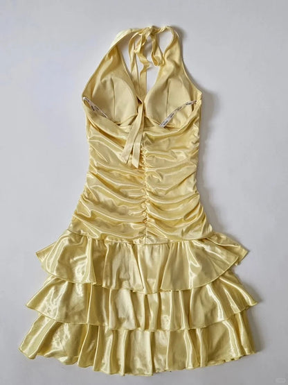 Y2K Halter Yellow A-Line Satin Short Party Dress