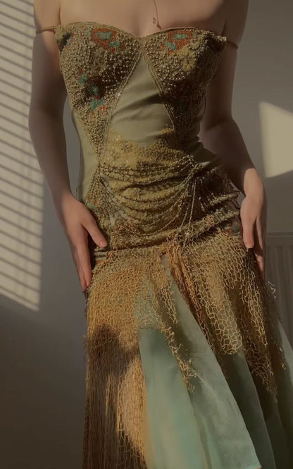 Vintage Spaghetti Straps Sheath Tulle Beaded Long Prom Dresses Elegant Evening Gowns