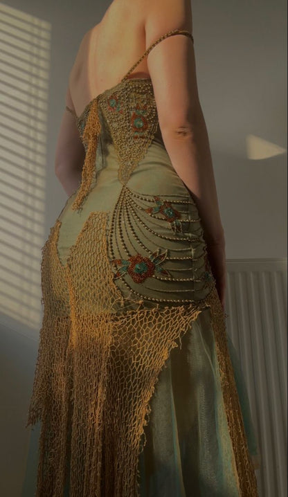 Vintage Spaghetti Straps Sheath Tulle Beaded Long Prom Dresses Elegant Evening Gowns