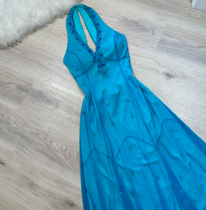 Vintage Halter Sheath Chiffon Beaded Short Prom Dresses, Blue Homecoming Dresses