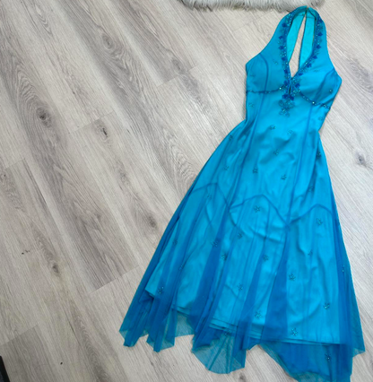 Vintage Halter Sheath Chiffon Beaded Short Prom Dresses, Blue Homecoming Dresses