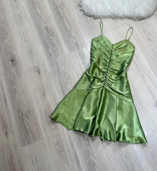 Vintage  Sheath Green Hoco Dresses Satin Spaghetti Strap Short Prom Dresses