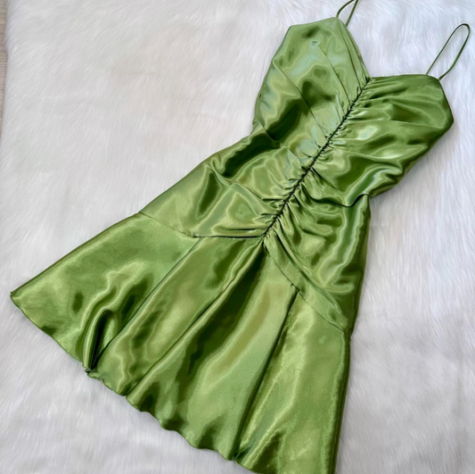 Vintage  Sheath Green Hoco Dresses Satin Spaghetti Strap Short Prom Dresses
