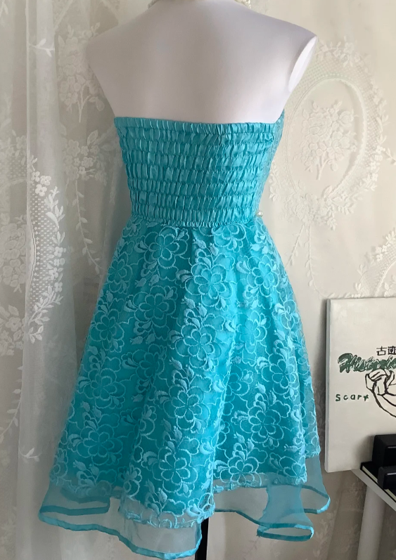 Vintage Strapless A-Line Short Prom Dresses Lace Blue Homecoming Dresses Birthday Dresses