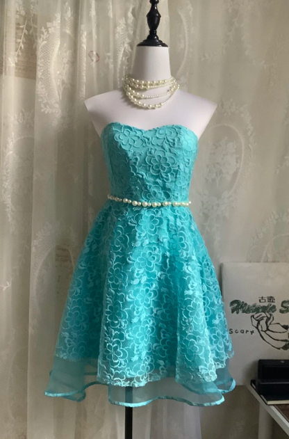 Vintage Strapless A-Line Short Prom Dresses Lace Blue Homecoming Dresses Birthday Dresses