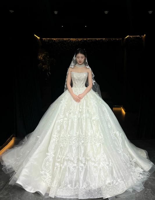 Modest  A-Line Long Wedding Dresses Beaded Tulle White Bridal Dresses Sleeveless Strapless Bridal Gowns
